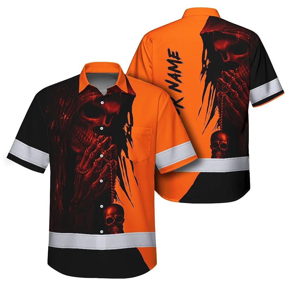 Hi Vis Hawaiian Skull Shirt, Orange Neon Custom Name High Visibility Short Sleeve Button Down Shirt for Workers, Truckers
