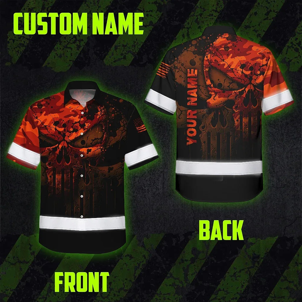 Hi Vis Hawaiian Skull Shirt, Orange Neon Custom Name High Visibility Short Sleeve Button Down Shirt for Workers, Truckers
