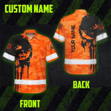 Hi Vis Hawaiian Skull Shirt, Orange Neon Custom Name High Visibility Short Sleeve Button Down Shirt for Workers, Truckers