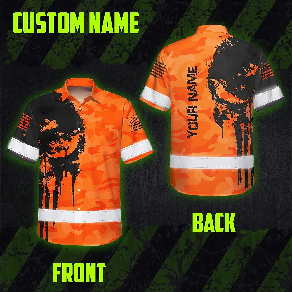 Hi Vis Hawaiian Skull Shirt, Orange Neon Custom Name High Visibility Short Sleeve Button Down Shirt for Workers, Truckers