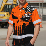 Hi Vis Hawaiian Skull Shirt, Orange Neon Custom Name High Visibility Short Sleeve Button Down Shirt for Workers, Truckers