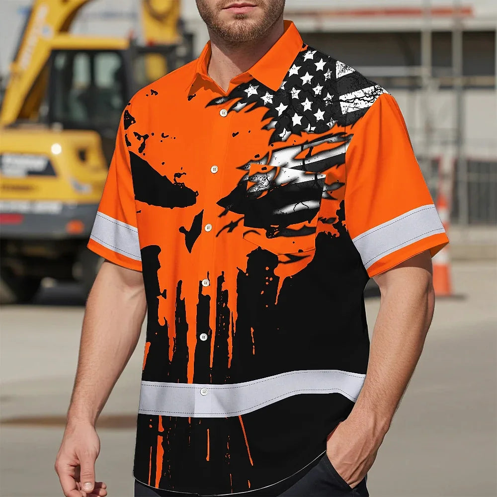 Hi Vis Hawaiian Skull Shirt, Orange Neon Custom Name High Visibility Short Sleeve Button Down Shirt for Workers, Truckers