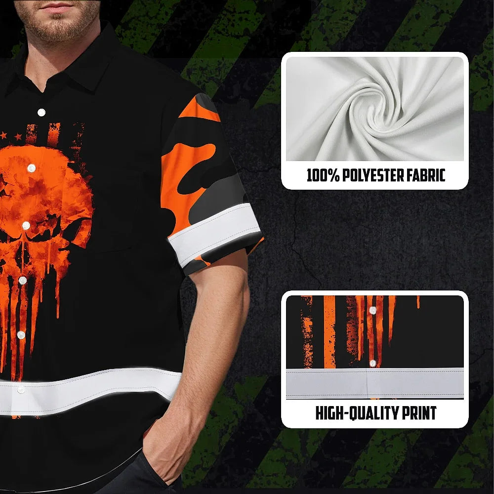 Hi Vis Hawaiian Skull Shirt, Orange Neon Custom Name High Visibility Short Sleeve Button Down Shirt for Workers, Truckers
