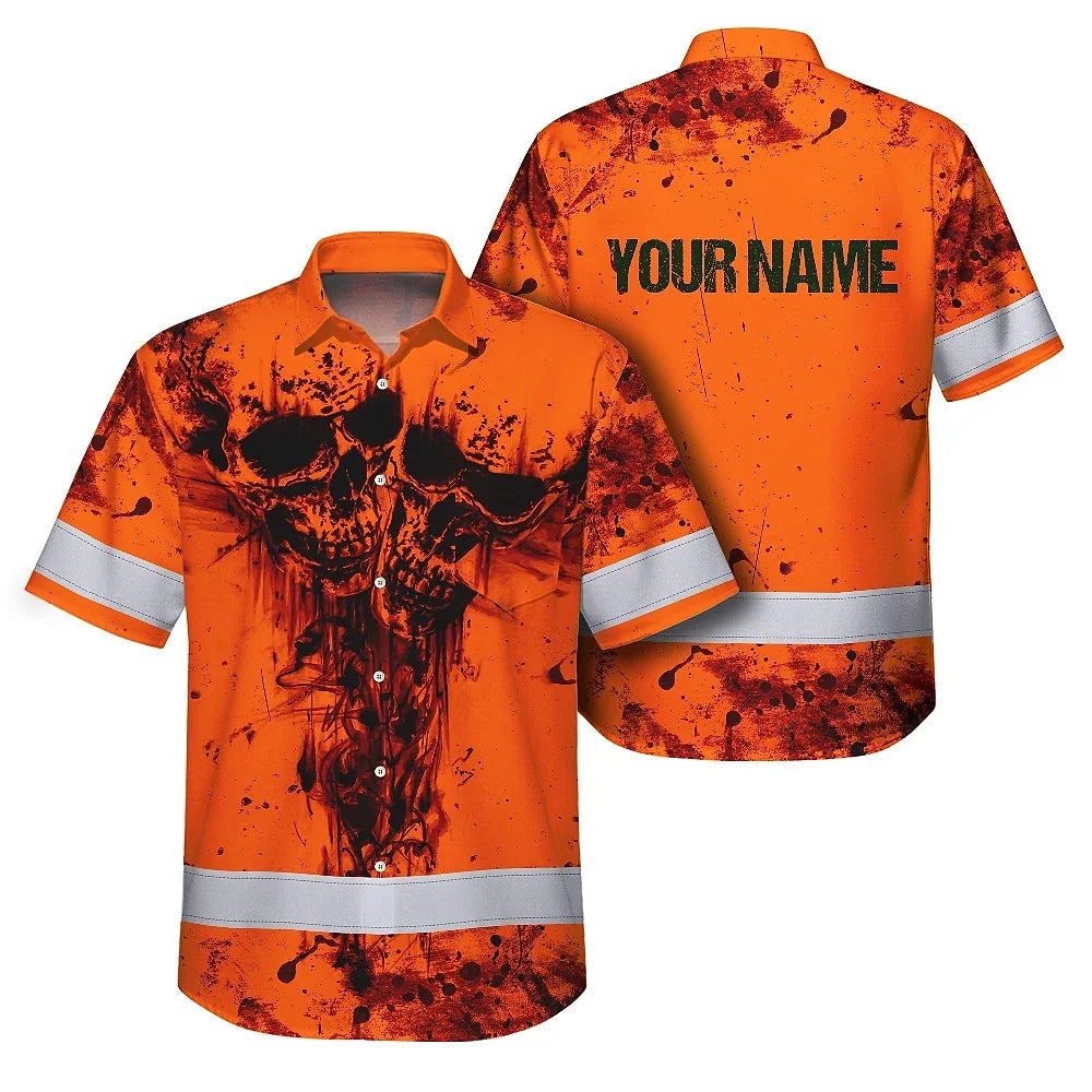 Hi Vis Hawaiian Skull Shirt, Orange Neon Custom Name High Visibility Short Sleeve Button Down Shirt for Workers, Truckers
