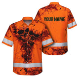 Hi Vis Hawaiian Skull Shirt, Orange Neon Custom Name High Visibility Short Sleeve Button Down Shirt for Workers, Truckers