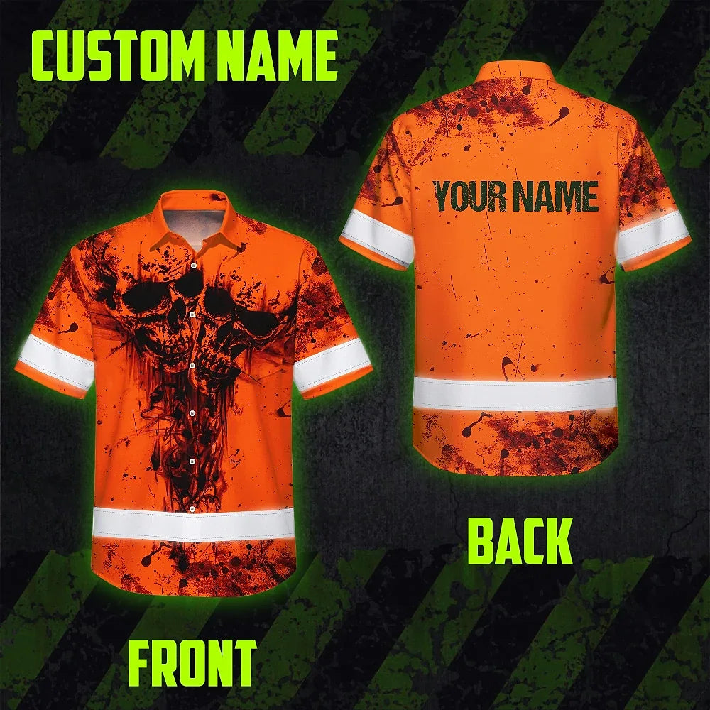 Hi Vis Hawaiian Skull Shirt, Orange Neon Custom Name High Visibility Short Sleeve Button Down Shirt for Workers, Truckers