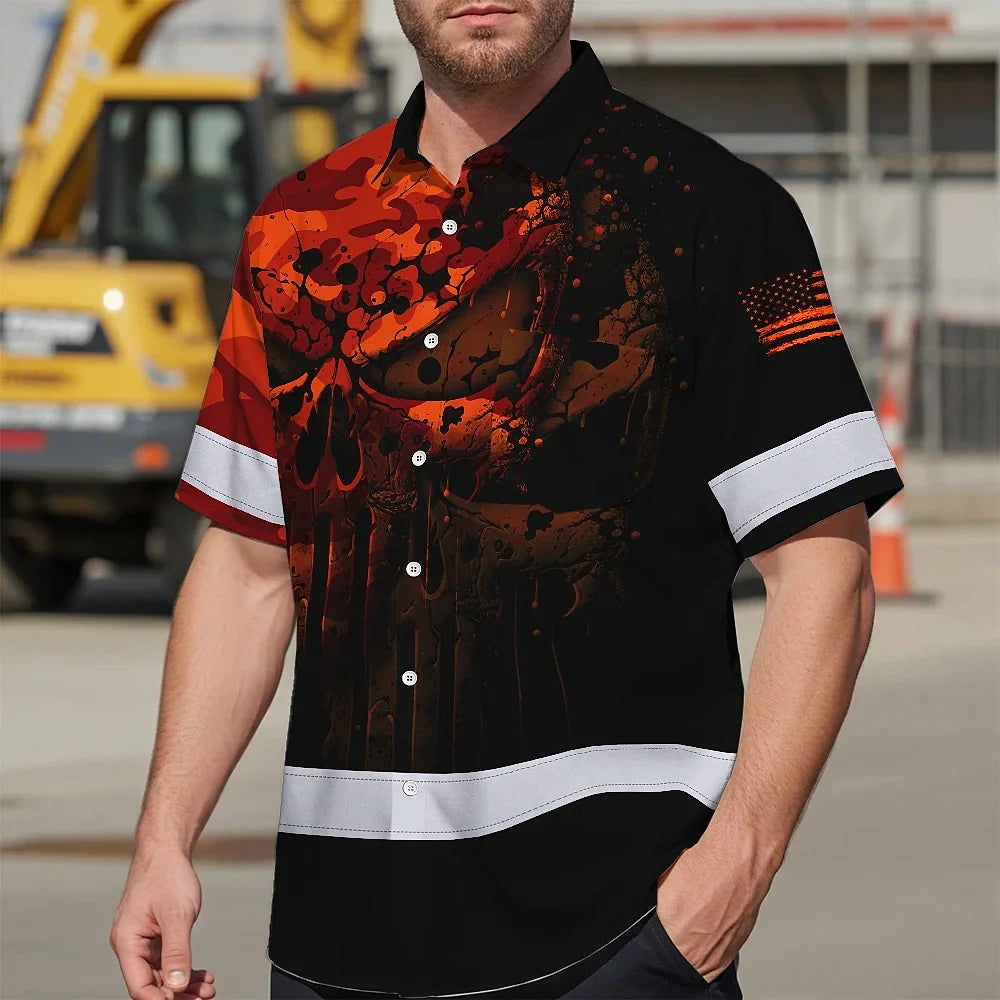 Hi Vis Hawaiian Skull Shirt, Orange Neon Custom Name High Visibility Short Sleeve Button Down Shirt for Workers, Truckers