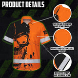 Hi Vis Hawaiian Skull Shirt, Orange Neon Custom Name High Visibility Short Sleeve Button Down Shirt for Workers, Truckers