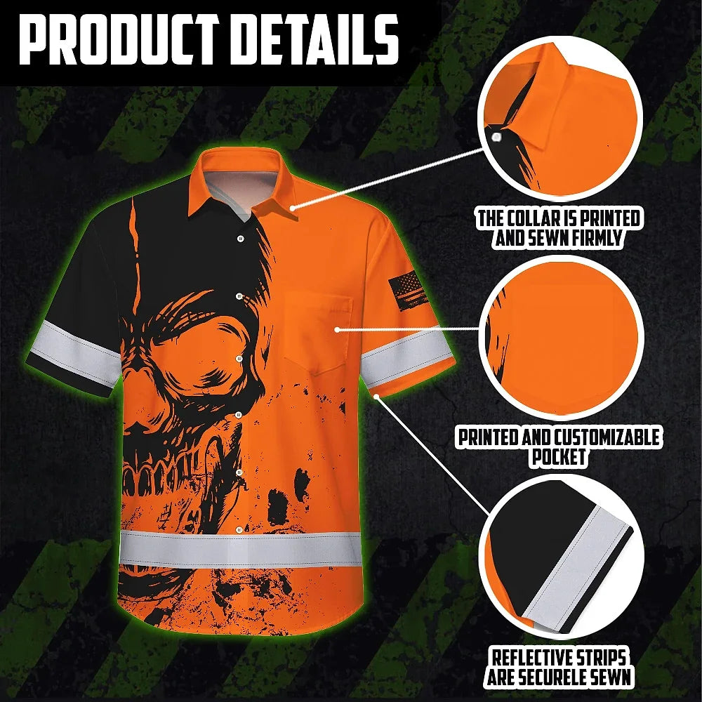 Hi Vis Hawaiian Skull Shirt, Orange Neon Custom Name High Visibility Short Sleeve Button Down Shirt for Workers, Truckers