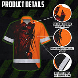 Hi Vis Hawaiian Skull Shirt, Orange Neon Custom Name High Visibility Short Sleeve Button Down Shirt for Workers, Truckers