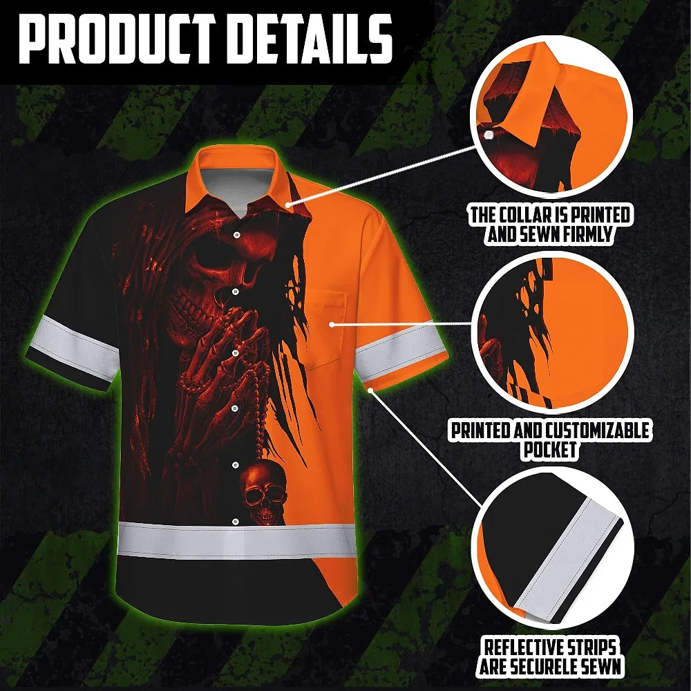 Hi Vis Hawaiian Skull Shirt, Orange Neon Custom Name High Visibility Short Sleeve Button Down Shirt for Workers, Truckers