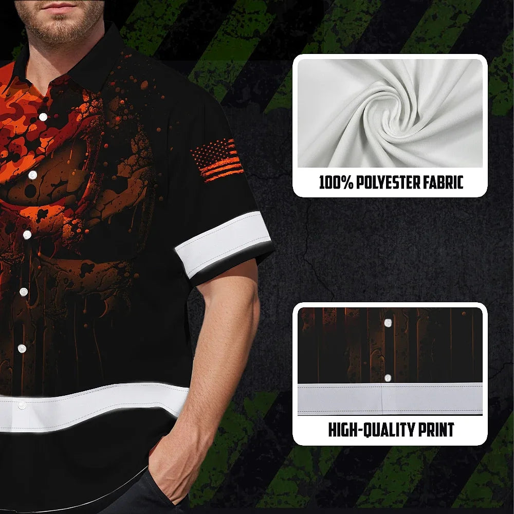 Hi Vis Hawaiian Skull Shirt, Orange Neon Custom Name High Visibility Short Sleeve Button Down Shirt for Workers, Truckers