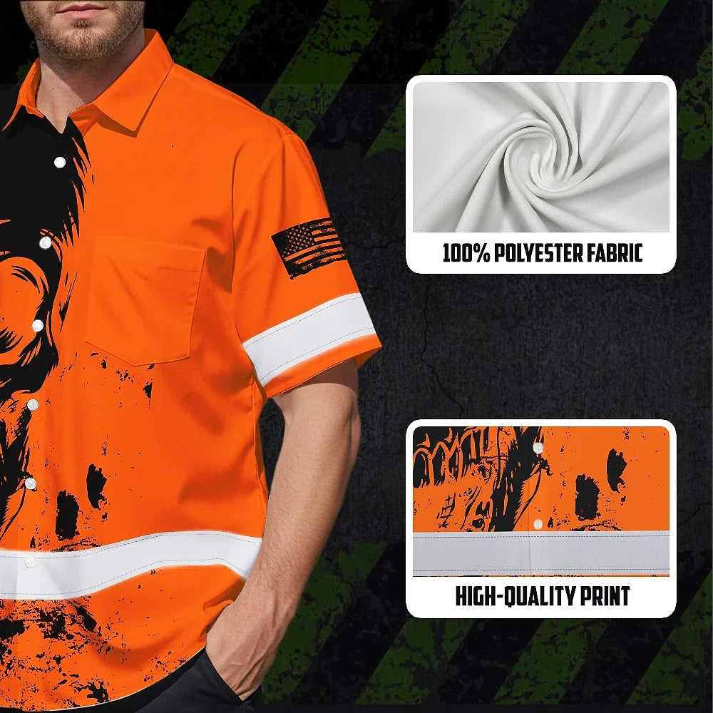 Hi Vis Hawaiian Skull Shirt, Orange Neon Custom Name High Visibility Short Sleeve Button Down Shirt for Workers, Truckers