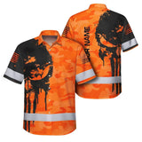 Hi Vis Hawaiian Skull Shirt, Orange Neon Custom Name High Visibility Short Sleeve Button Down Shirt for Workers, Truckers