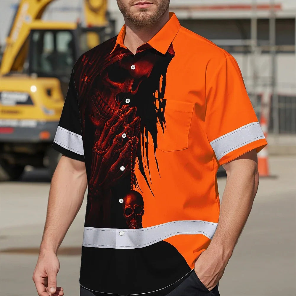 Hi Vis Hawaiian Skull Shirt, Orange Neon Custom Name High Visibility Short Sleeve Button Down Shirt for Workers, Truckers
