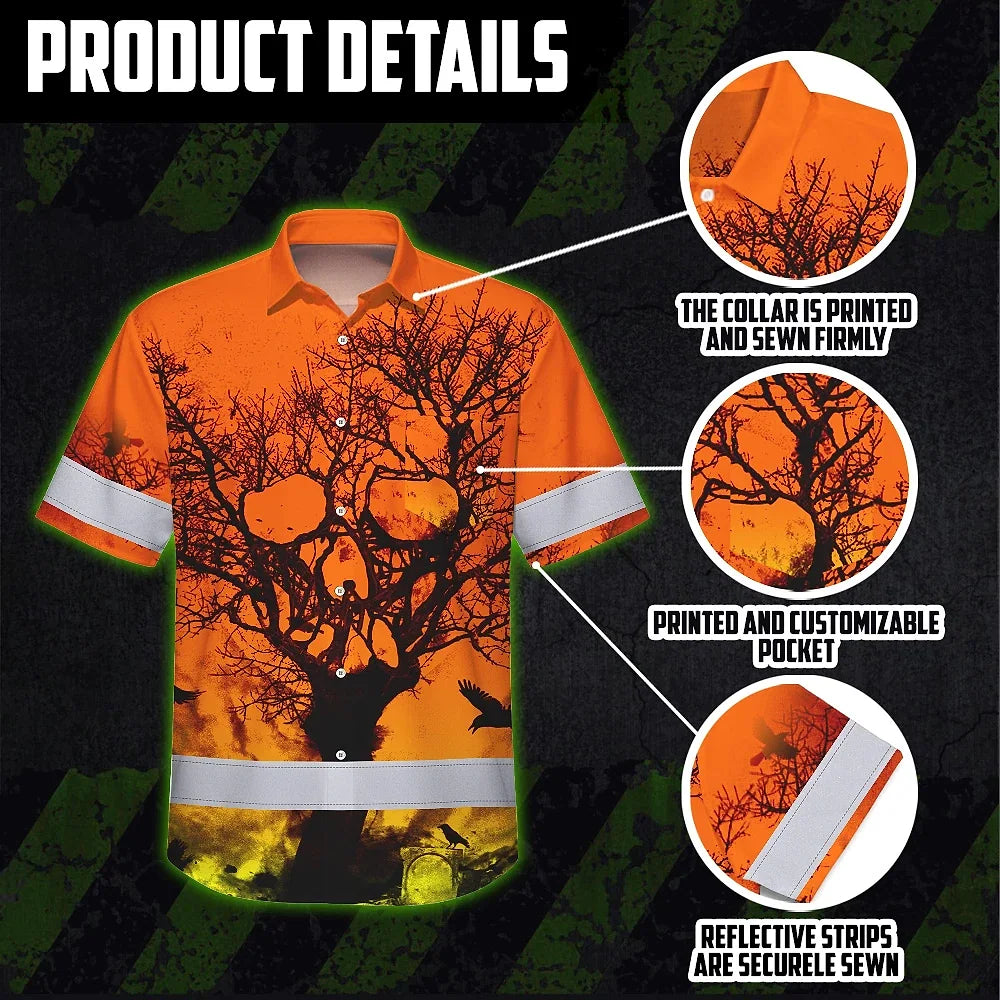 Hi Vis Hawaiian Skull Shirt, Orange Neon Custom Name High Visibility Short Sleeve Button Down Shirt for Workers, Truckers