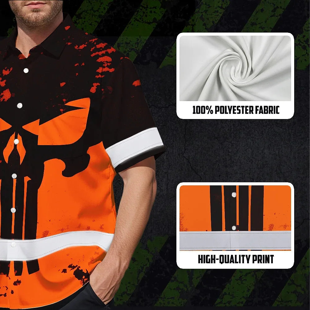 Hi Vis Hawaiian Skull Shirt, Orange Neon Custom Name High Visibility Short Sleeve Button Down Shirt for Workers, Truckers