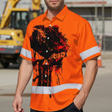 Hi Vis Hawaiian Skull Shirt,Orange Neon Custom Name High Visibility Short Sleeve Button Down Shirt for Workers, Truckers