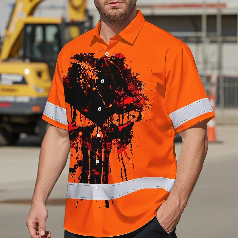 Hi Vis Hawaiian Skull Shirt,Orange Neon Custom Name High Visibility Short Sleeve Button Down Shirt for Workers, Truckers