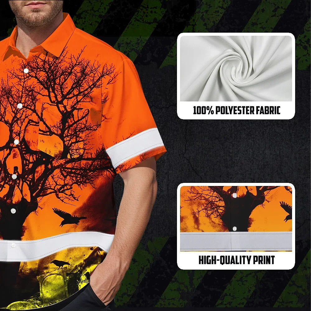 Hi Vis Hawaiian Skull Shirt, Orange Neon Custom Name High Visibility Short Sleeve Button Down Shirt for Workers, Truckers