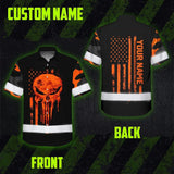 Hi Vis Hawaiian Skull Shirt, Orange Neon Custom Name High Visibility Short Sleeve Button Down Shirt for Workers, Truckers