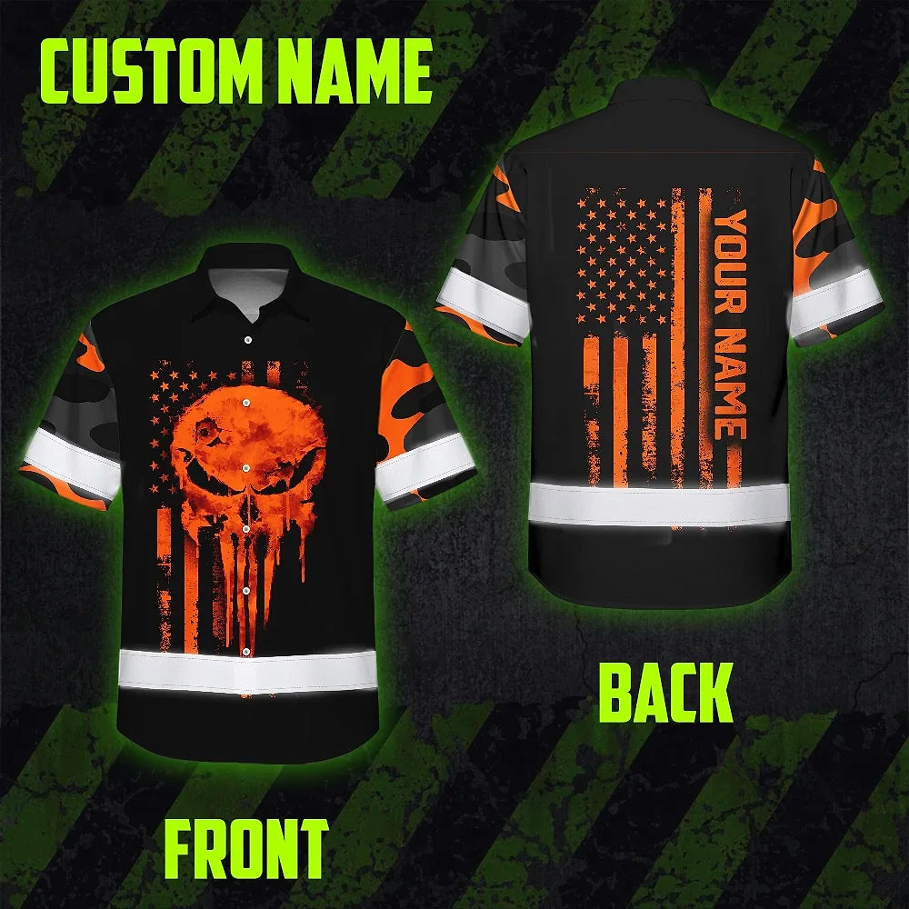 Hi Vis Hawaiian Skull Shirt, Orange Neon Custom Name High Visibility Short Sleeve Button Down Shirt for Workers, Truckers