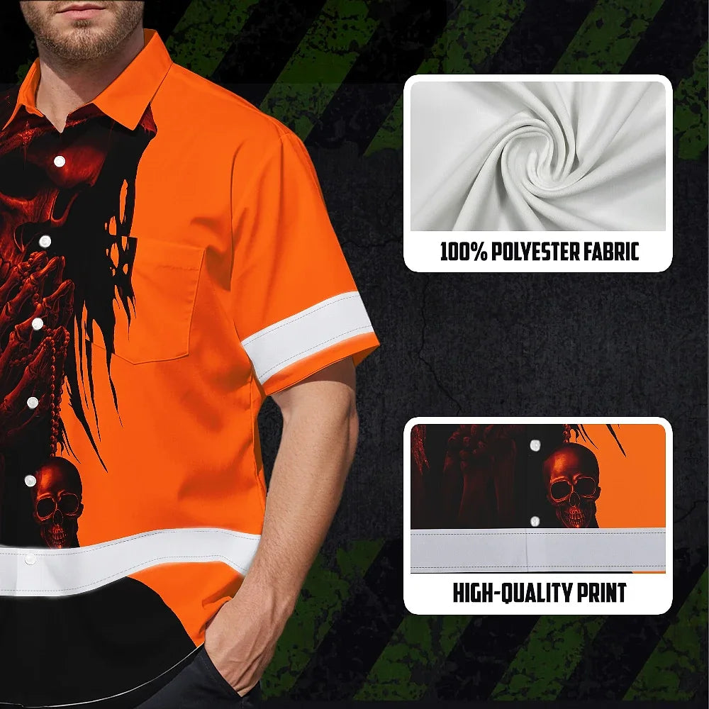Hi Vis Hawaiian Skull Shirt, Orange Neon Custom Name High Visibility Short Sleeve Button Down Shirt for Workers, Truckers