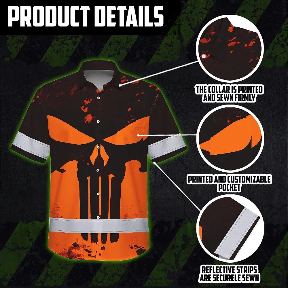 Hi Vis Hawaiian Skull Shirt, Orange Neon Custom Name High Visibility Short Sleeve Button Down Shirt for Workers, Truckers