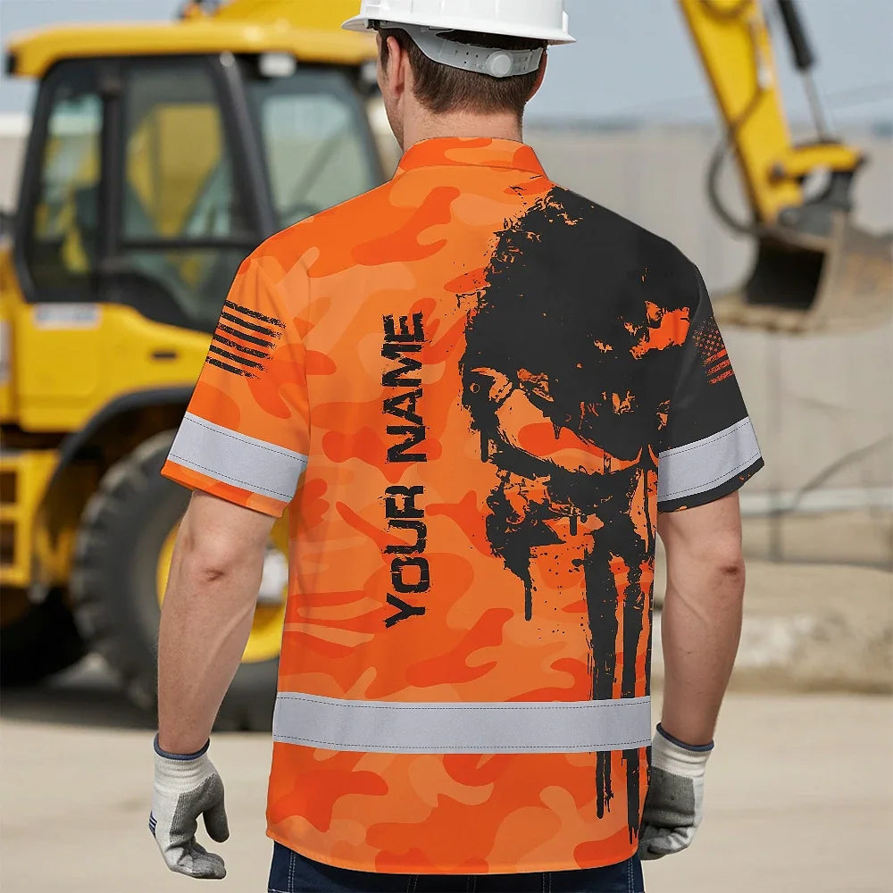 Hi Vis Hawaiian Skull Shirt, Orange Neon Custom Name High Visibility Short Sleeve Button Down Shirt for Workers, Truckers