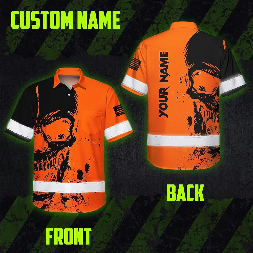 Hi Vis Hawaiian Skull Shirt, Orange Neon Custom Name High Visibility Short Sleeve Button Down Shirt for Workers, Truckers