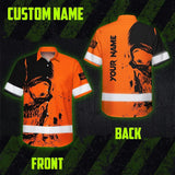 Hi Vis Hawaiian Skull Shirt, Orange Neon Custom Name High Visibility Short Sleeve Button Down Shirt for Workers, Truckers