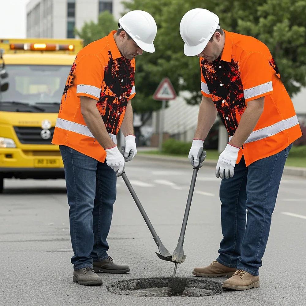 Hi Vis Hawaiian Skull Shirt,Orange Neon Custom Name High Visibility Short Sleeve Button Down Shirt for Workers, Truckers