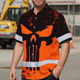 Hi Vis Hawaiian Skull Shirt, Orange Neon Custom Name High Visibility Short Sleeve Button Down Shirt for Workers, Truckers
