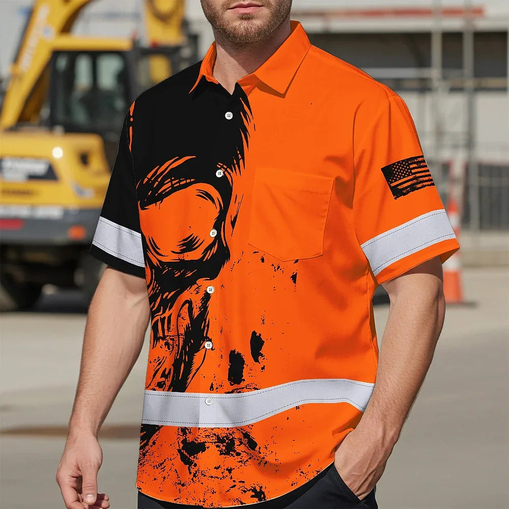 Hi Vis Hawaiian Skull Shirt, Orange Neon Custom Name High Visibility Short Sleeve Button Down Shirt for Workers, Truckers