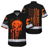Hi Vis Hawaiian Skull Shirt, Orange Neon Custom Name High Visibility Short Sleeve Button Down Shirt for Workers, Truckers