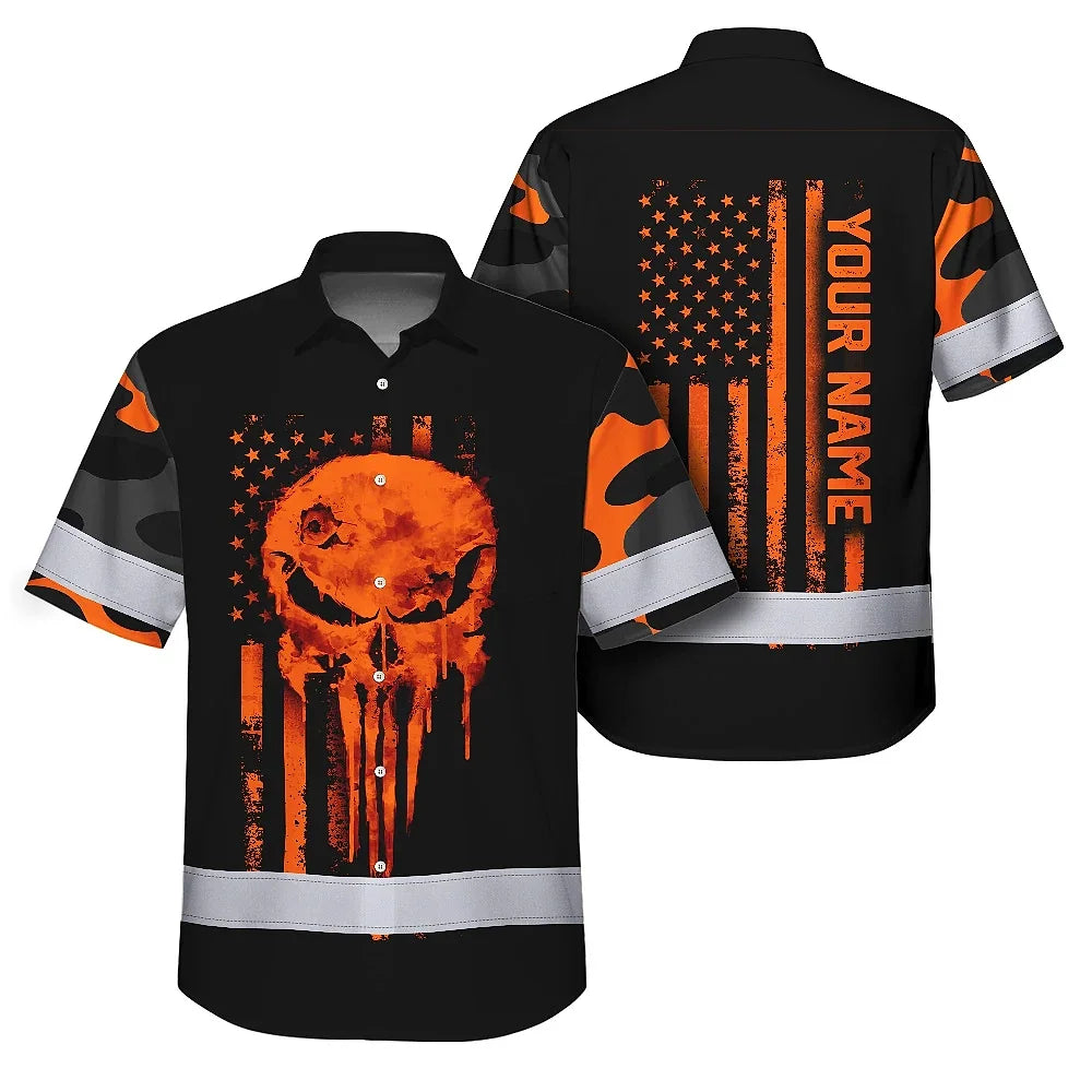 Hi Vis Hawaiian Skull Shirt, Orange Neon Custom Name High Visibility Short Sleeve Button Down Shirt for Workers, Truckers