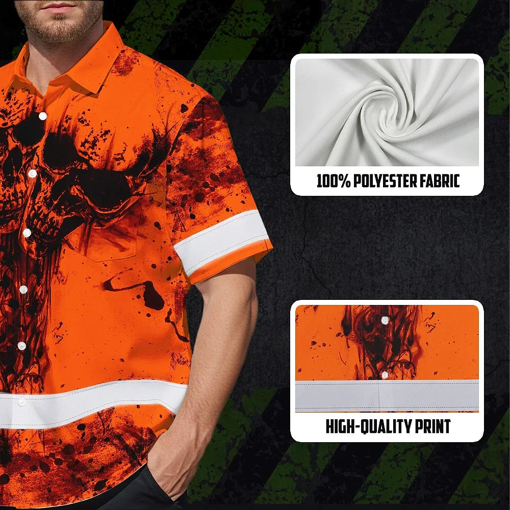Hi Vis Hawaiian Skull Shirt, Orange Neon Custom Name High Visibility Short Sleeve Button Down Shirt for Workers, Truckers