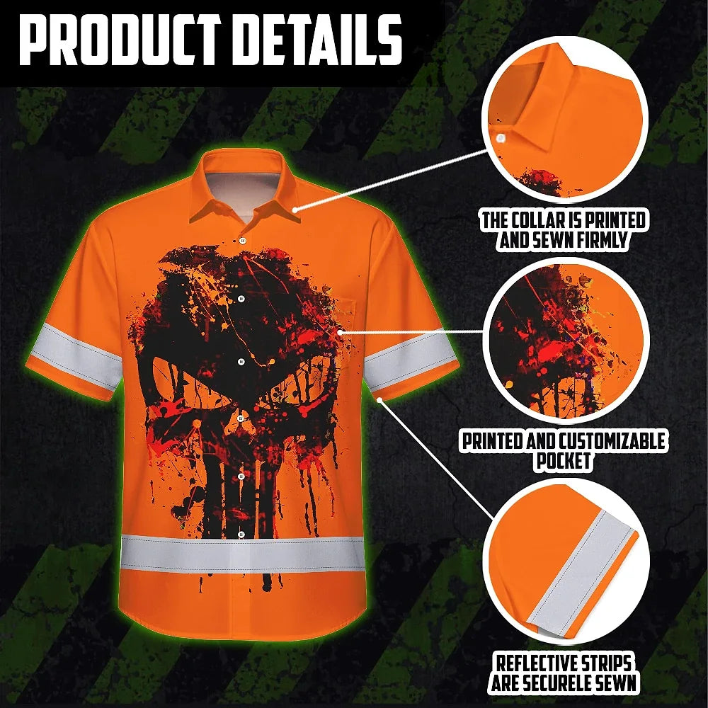 Hi Vis Hawaiian Skull Shirt,Orange Neon Custom Name High Visibility Short Sleeve Button Down Shirt for Workers, Truckers