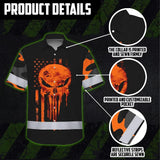 Hi Vis Hawaiian Skull Shirt, Orange Neon Custom Name High Visibility Short Sleeve Button Down Shirt for Workers, Truckers