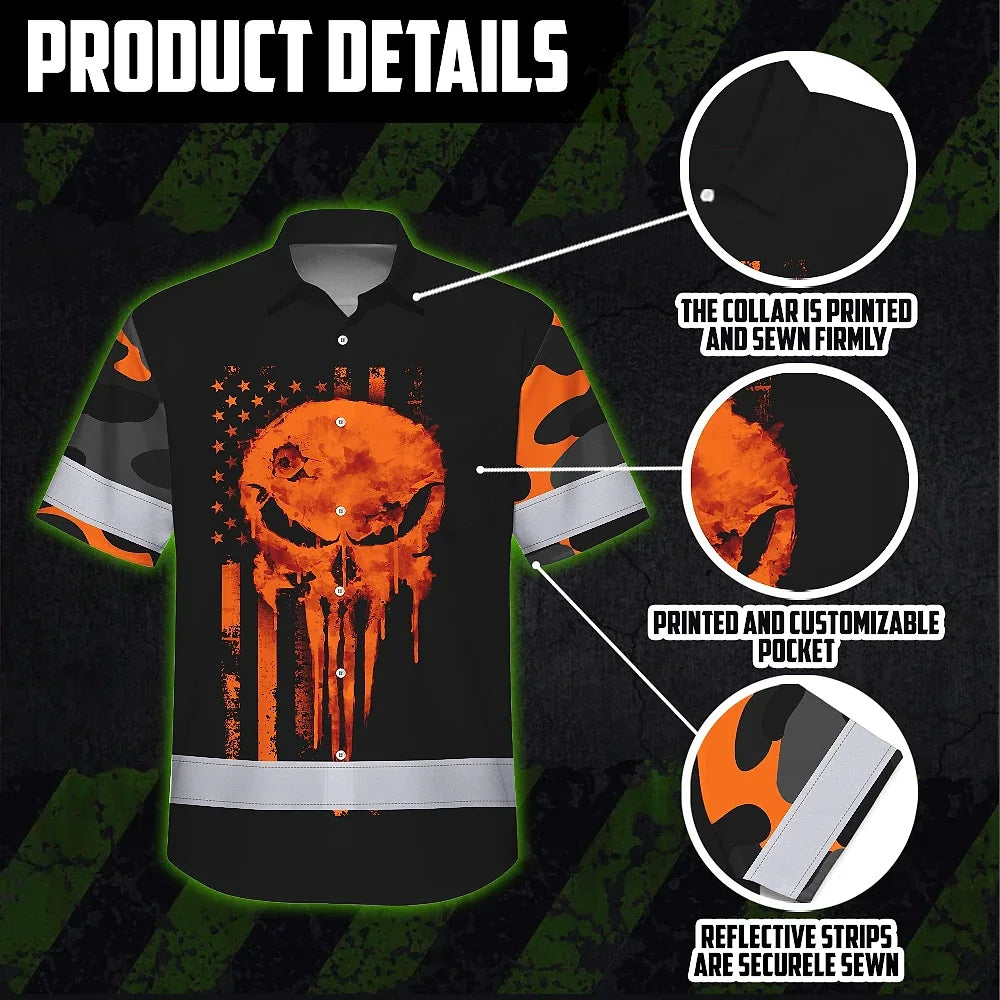 Hi Vis Hawaiian Skull Shirt, Orange Neon Custom Name High Visibility Short Sleeve Button Down Shirt for Workers, Truckers