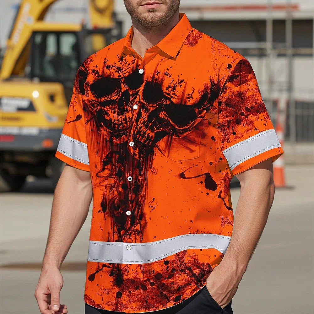Hi Vis Hawaiian Skull Shirt, Orange Neon Custom Name High Visibility Short Sleeve Button Down Shirt for Workers, Truckers