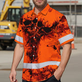 Hi Vis Hawaiian Skull Shirt, Orange Neon Custom Name High Visibility Short Sleeve Button Down Shirt for Workers, Truckers