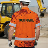 Hi Vis Hawaiian Skull Shirt, Orange Neon Custom Name High Visibility Short Sleeve Button Down Shirt for Workers, Truckers