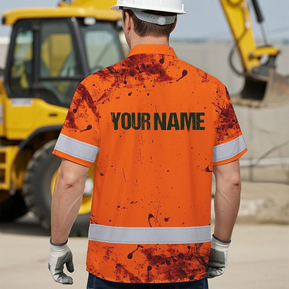 Hi Vis Hawaiian Skull Shirt, Orange Neon Custom Name High Visibility Short Sleeve Button Down Shirt for Workers, Truckers