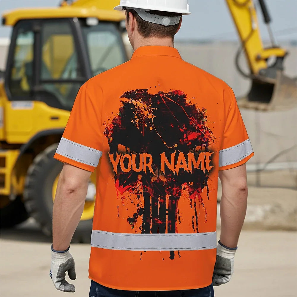 Hi Vis Hawaiian Skull Shirt,Orange Neon Custom Name High Visibility Short Sleeve Button Down Shirt for Workers, Truckers