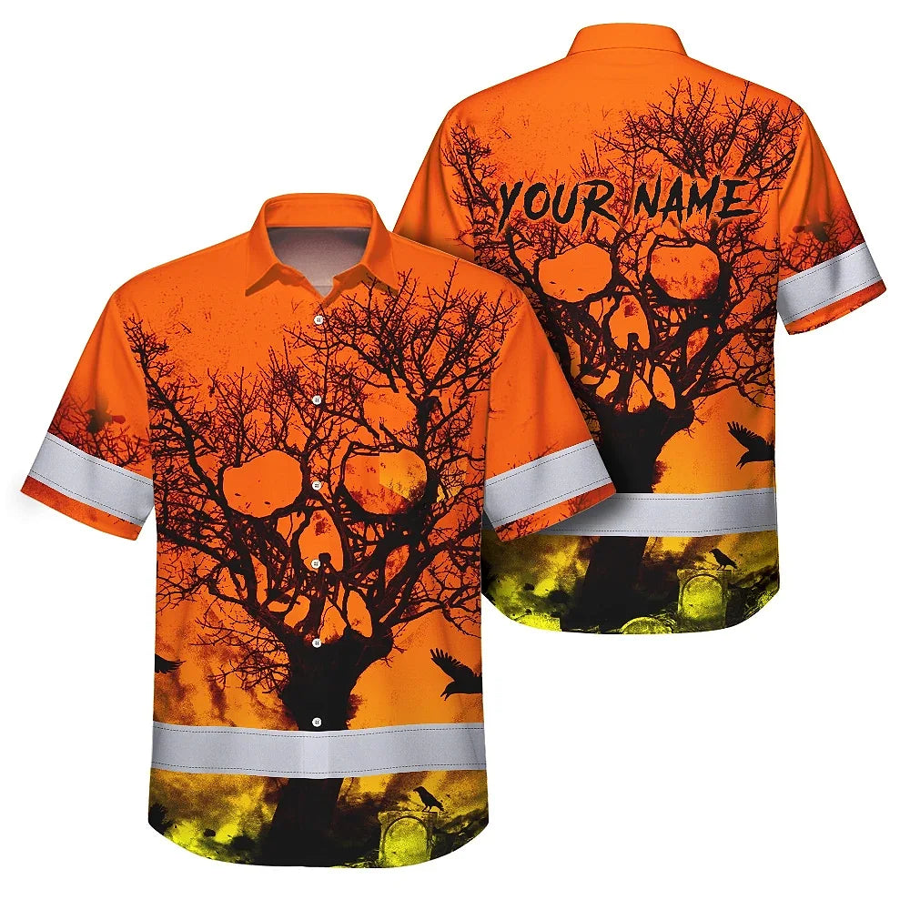 Hi Vis Hawaiian Skull Shirt, Orange Neon Custom Name High Visibility Short Sleeve Button Down Shirt for Workers, Truckers