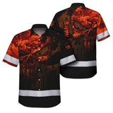 Hi Vis Hawaiian Skull Shirt, Orange Neon Custom Name High Visibility Short Sleeve Button Down Shirt for Workers, Truckers