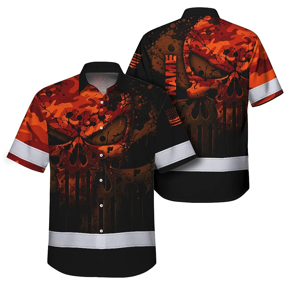 Hi Vis Hawaiian Skull Shirt, Orange Neon Custom Name High Visibility Short Sleeve Button Down Shirt for Workers, Truckers