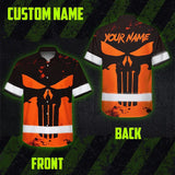 Hi Vis Hawaiian Skull Shirt, Orange Neon Custom Name High Visibility Short Sleeve Button Down Shirt for Workers, Truckers