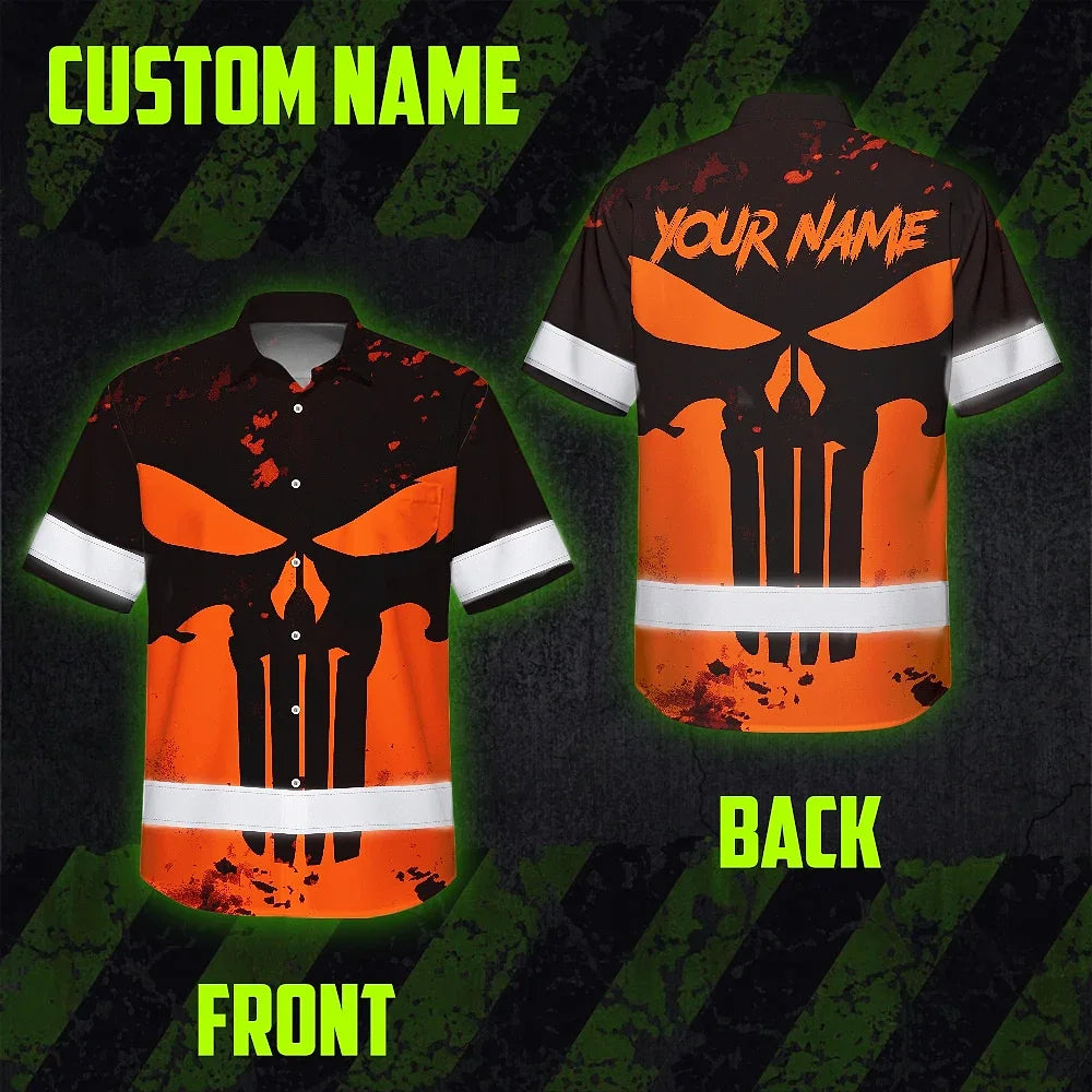 Hi Vis Hawaiian Skull Shirt, Orange Neon Custom Name High Visibility Short Sleeve Button Down Shirt for Workers, Truckers